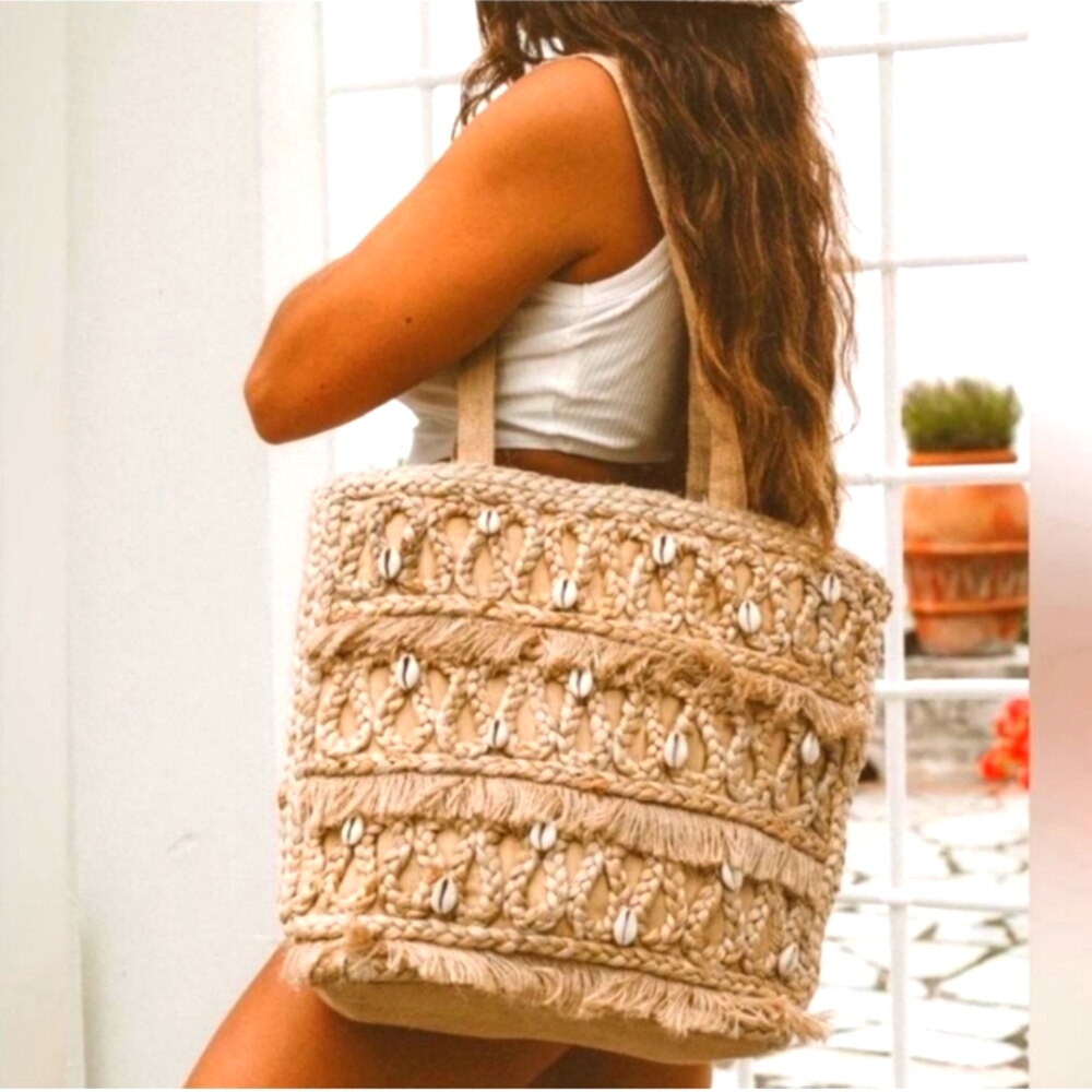 NWT Salt + Umber Tan Woven Tote Bag with Shell Accents